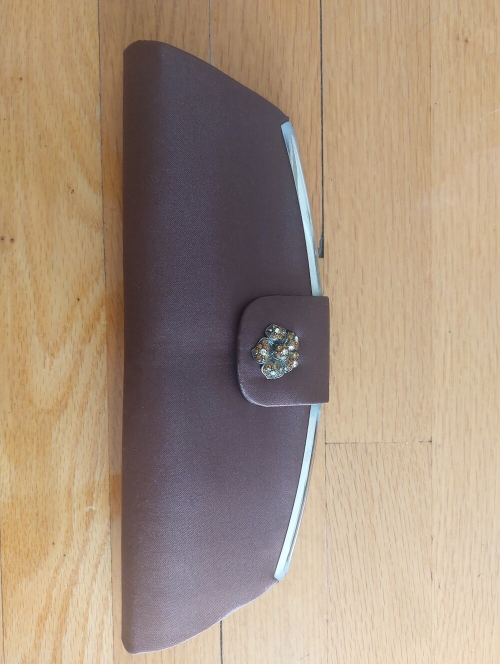 Brown Satin Evening Clutch with Crystal Flower Accent
